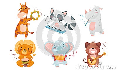 Cartoon Animals Playing Musical Instruments with Hippo Fluting Vector Set Vector Illustration