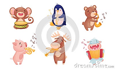 Cartoon Animals Playing Musical Instruments with Monkey Playing the Drum Vector Set Vector Illustration