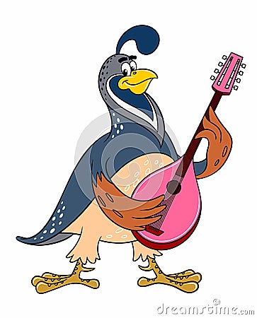 Cartoon animals. Cartoon quail plays the mandolin. Vector color image isolated on white. Cartoon quail is a musician Vector Illustration