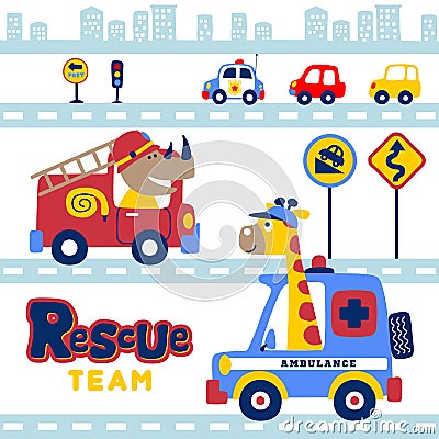 Cartoon of animals rescue team in the city with vehicles Vector Illustration