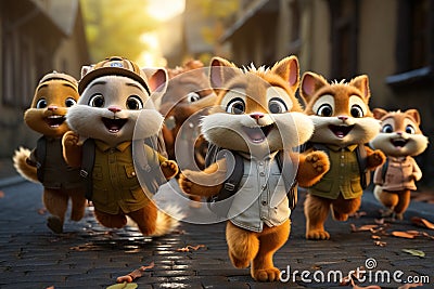 cartoon animals running to school, back to school concept. Stock Photo