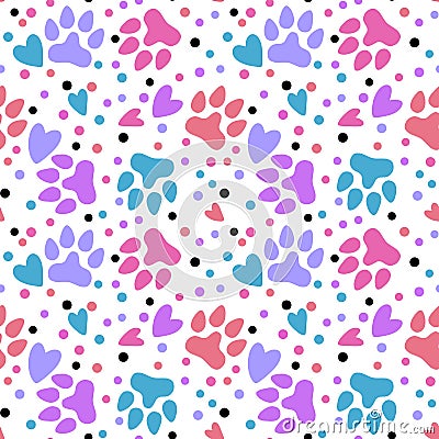 Cartoon animals seamless footprints dig and cat and polka dots and hearts pattern for wrapping paper and kids Cartoon Illustration