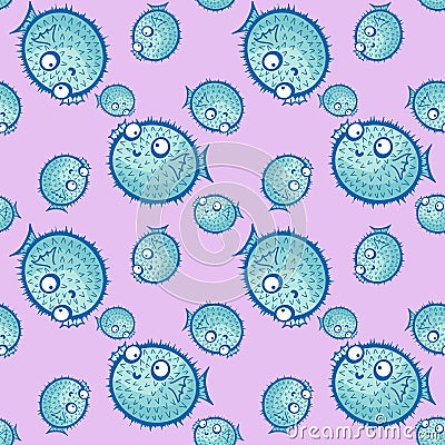 Cartoon animals seamless puffer fish fugu pattern for wrapping paper and fabrics and linens and kids clothes print Cartoon Illustration
