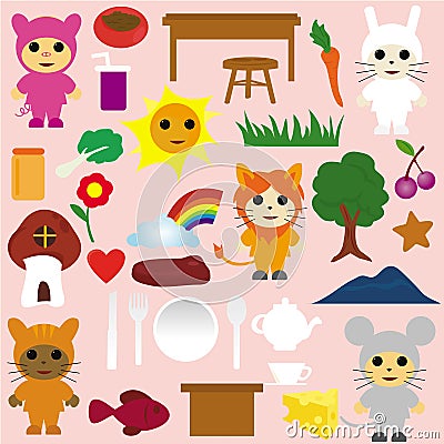 Cartoon animals and tea party icons Vector Illustration