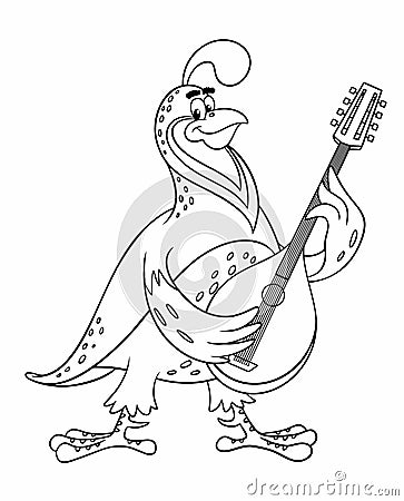 Cartoon animals. Vector outline image for coloring, isolated on white. Cartoon quail plays the mandolin. Cartoon quail is a Vector Illustration