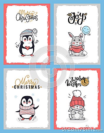 Cartoon Animals in Warm Cloth, Christmas Cards Vector Illustration