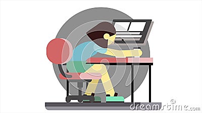 Cartoon animation of an angry woman sitting at a computer, slams fist on table and drinks coffee. Stressed manager girl Stock Photo