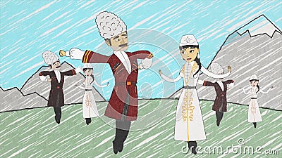 Cartoon animation with armenian men and women in national clothes dancing lezghinka in front of mountains. People moving Stock Photo