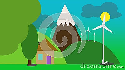 Wind Energy Concept. Cartoon Animation Showing How Wind Turbines