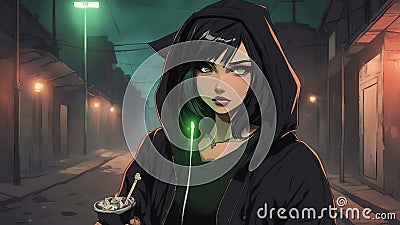 cartoon anime-inspired, anime A moody young woman with short black hair and green eyes, wearing a black hoodie Stock Photo