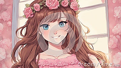 cartoon anime-inspired, anime _ A young woman with long brown hair and blue eyes, wearing a pink dress and a flower Stock Photo