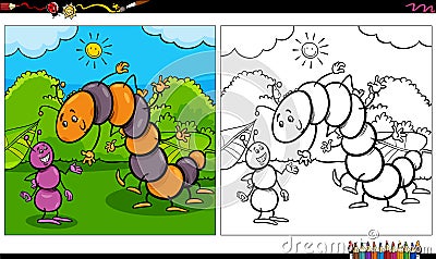 Cartoon ant and caterpillar insects coloring book page Vector Illustration