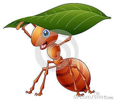 Cartoon ant holding a green leaf Vector Illustration