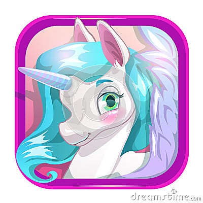 Cartoon app icon with cute unicorn face. Vector Illustration