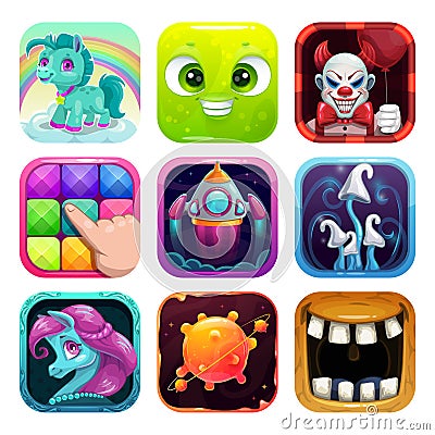 Cartoon app icons set. Funny square logo pictures. Vector Illustration