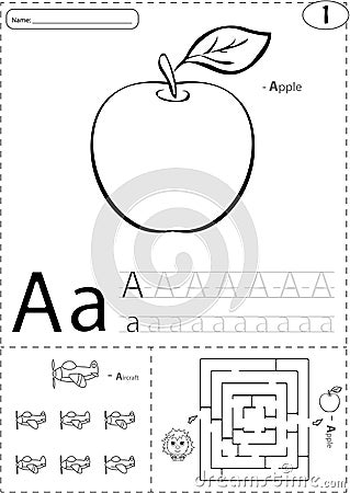 Cartoon apple and aircraft. Alphabet tracing worksheet: writing Vector Illustration
