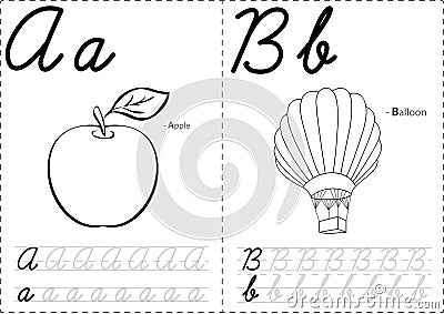 Cartoon apple and balloon. Alphabet tracing worksheet: writing A Vector Illustration