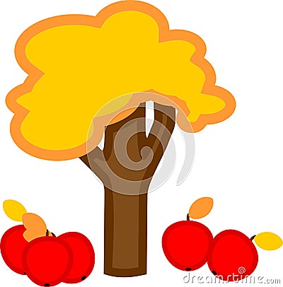 Cartoon apple tree with yellowed leaves and ripe red apples Stock Photo