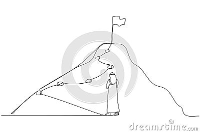 Cartoon of arab businessman following the lines leading to the top of success. Single line art style Vector Illustration