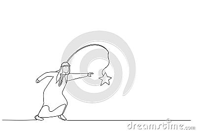 Cartoon of arab businessman running with carrot stick trying to grab star prize award. Metaphor for incentive. One continuous line Vector Illustration