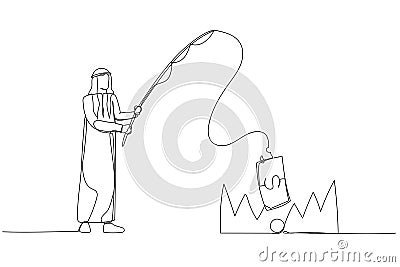 Cartoon of arab businessman stealing money from trap with fishing rod metaphor of investment risk. Single line art style Vector Illustration