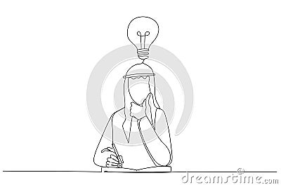 Cartoon of arab businessman thinking on productive ideas sitting at laptop and notepad for notes. One line art style Vector Illustration