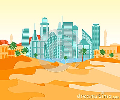 Cartoon Arab City on a Landscape Background. Vector Vector Illustration