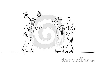 Cartoon of arab man get angry to calm coworker metaphor of difficult people. Continuous line art Vector Illustration