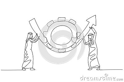 Cartoon of arab man partner help rotate gear cogwheel to make arrow rising up concept of business transformation. One line art Vector Illustration