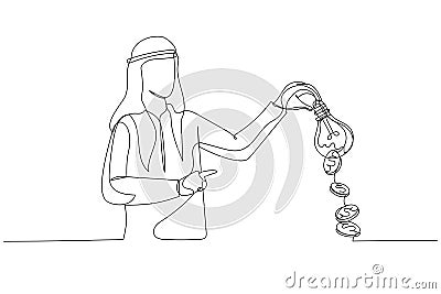 Cartoon of arab muslim businessman hand shaking the lightbulb idea to earn money. Single line art style Vector Illustration