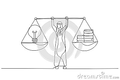 Cartoon of arab muslim businessman holding weights in his hands which is the money and idea. Single line art style Vector Illustration