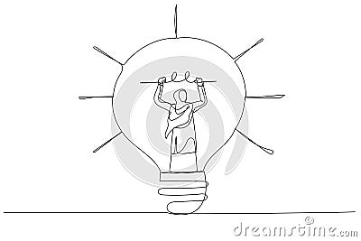 Cartoon of arab muslim businesswoman go inside light bulb to fix or invent new idea metaphor of entrepreneurship. Continuous line Vector Illustration