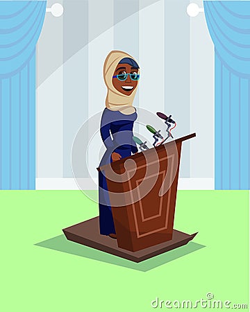 Arabian Woman Character Taking Speech at Tribune Vector Illustration