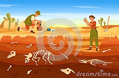 Cartoon archaeological excavation, archaeologists discovering ancient artifacts. Paleontologist finding fossils at dig Vector Illustration