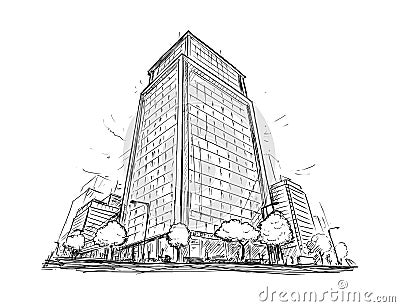 Drawing of City Street High Rise Building Vector Illustration