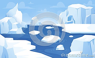 Cartoon arctic background, floating icebergs antarctica landscape. Beautiful sea or ocean, glaciers and ice mountains Vector Illustration