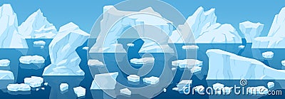 Cartoon arctic iceberg landscape, frozen ice seamless background. Winter snow ice view, cold blue glaciers landscape vector Vector Illustration