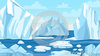 Cartoon arctic landscape. Icebergs, blue pure water glacier and icy cliff snow mountains. Greenland polar nature Vector Illustration