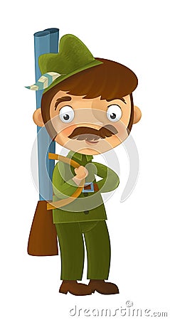 Cartoon armed hunter standing and smiling Cartoon Illustration