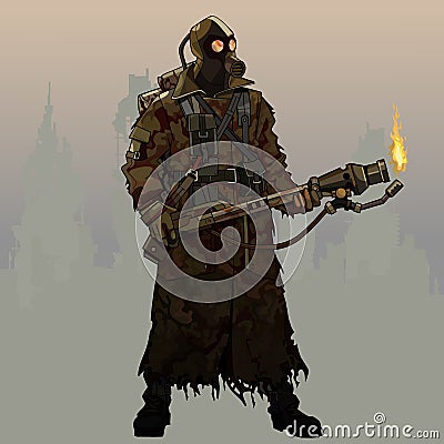 Cartoon armed man in gas mask and post apocalypse clothes Vector Illustration