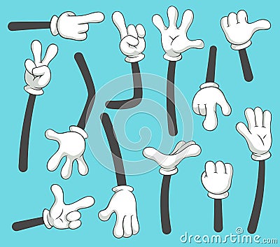 Cartoon arms. Doodle gloved pointing hands, different human point arm. Vintage vector illustration set Vector Illustration