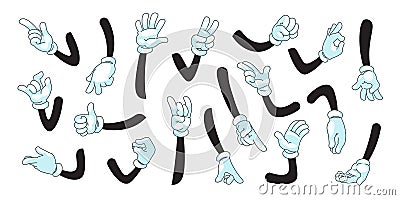 Cartoon arms. Human or mascot characters in white gloves showing gestures with palms and fingers. Vector comic symbols Vector Illustration