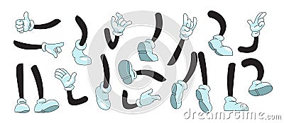 Cartoon arms and legs. Mascot doodle hands in white gloves showing gestures and feet in boots kicking running and Vector Illustration