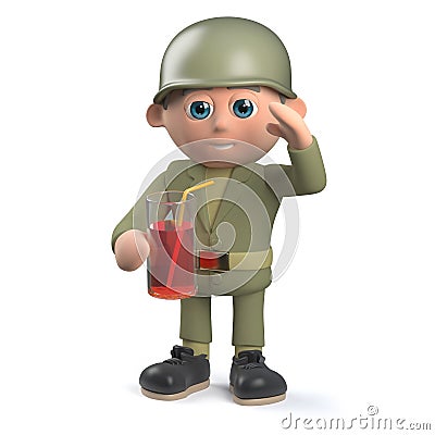 Cartoon army sergeant character in 3d holding a glass of juice and saluting Stock Photo