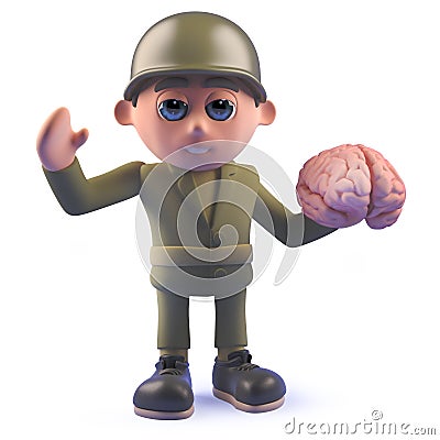 Cartoon army soldier 3d character holding a human brain Stock Photo