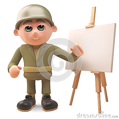 Cartoon army soldier standing by whiteboard, 3d illustration Cartoon Illustration