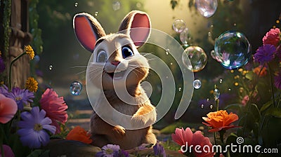 A cartoon art style image of a cheerful rabbit blowing bubbles in a garden, with colorful flowers in bloom by AI generated Stock Photo