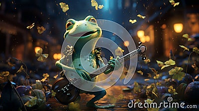 cartoon art style image of a lively frog playing a tiny saxophone, surrounded by jazzy atmosphere by AI generated Stock Photo