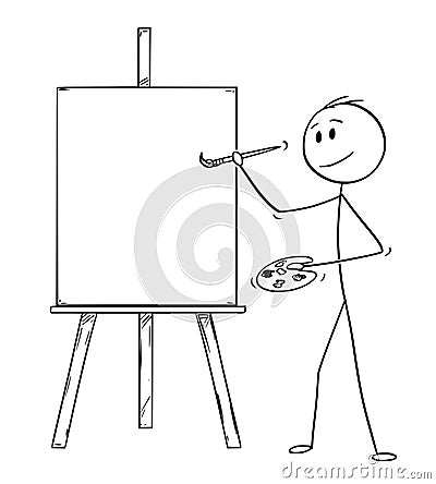 Cartoon of Artist With Brush and Palette Ready to Paint on the Canvas on Easel Vector Illustration