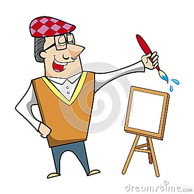 Cartoon artist with paintbrush and canvas easel Vector Illustration